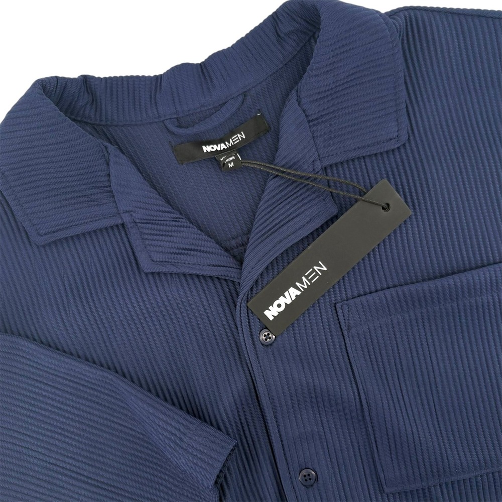 NovaMEN‎ Show Up Short Sleeve Cuban Shirt Navy Blue Plisse Pleated NSKT4509 Med